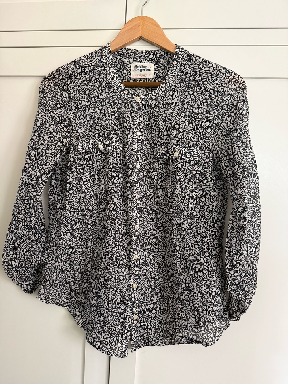 Black and White Floral Button-Front Women's Top from Anthropologie